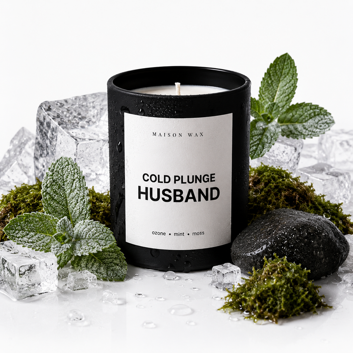 Maison Wax 'Cold Plunge Husband' candle styled with ice, mint, and moss.