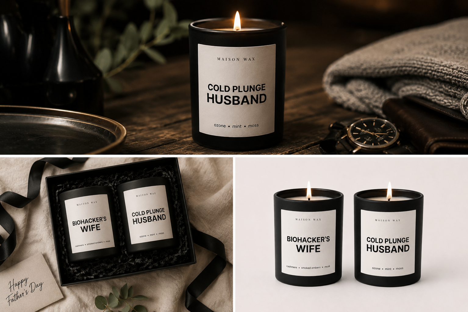 Maison Wax His & Hers Wellness candle set in a Father's Day gift box - Biohacker's Wife and Cold Plunge Husband.