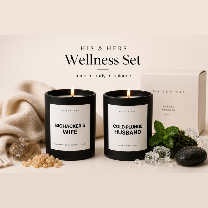 Maison Wax His & Hers Wellness Set styled with gift box - Biohacker's Wife and Cold Plunge Husband.